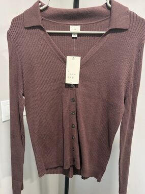 a new day Ribbed Button-Front Collared Sweater - Mauve